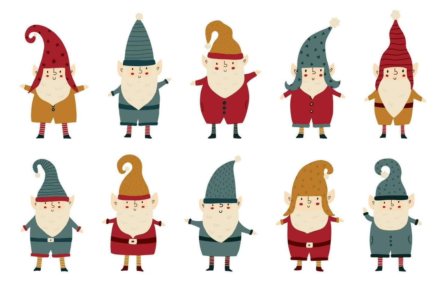 Collection of cute Christmas gnomes. New Year and Christmas attributes vector flat illustration. Traditional winter holidays.