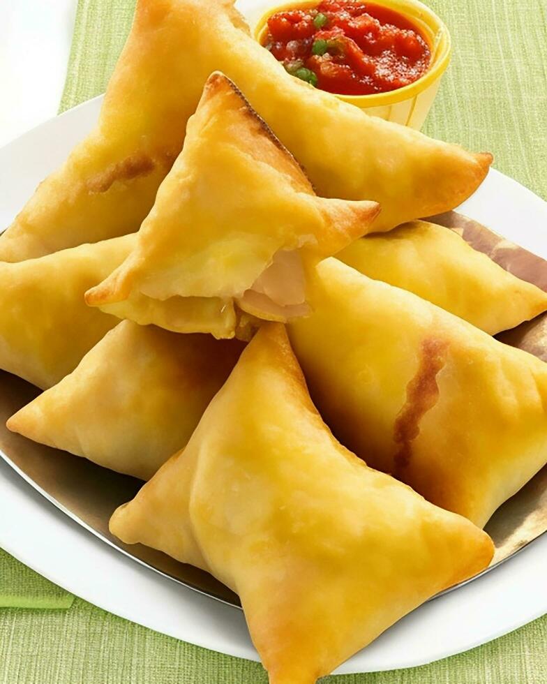 AI Generated Delicious Chicken Samosa with Green Chilli Sos and Dry Chilli Sos free photo