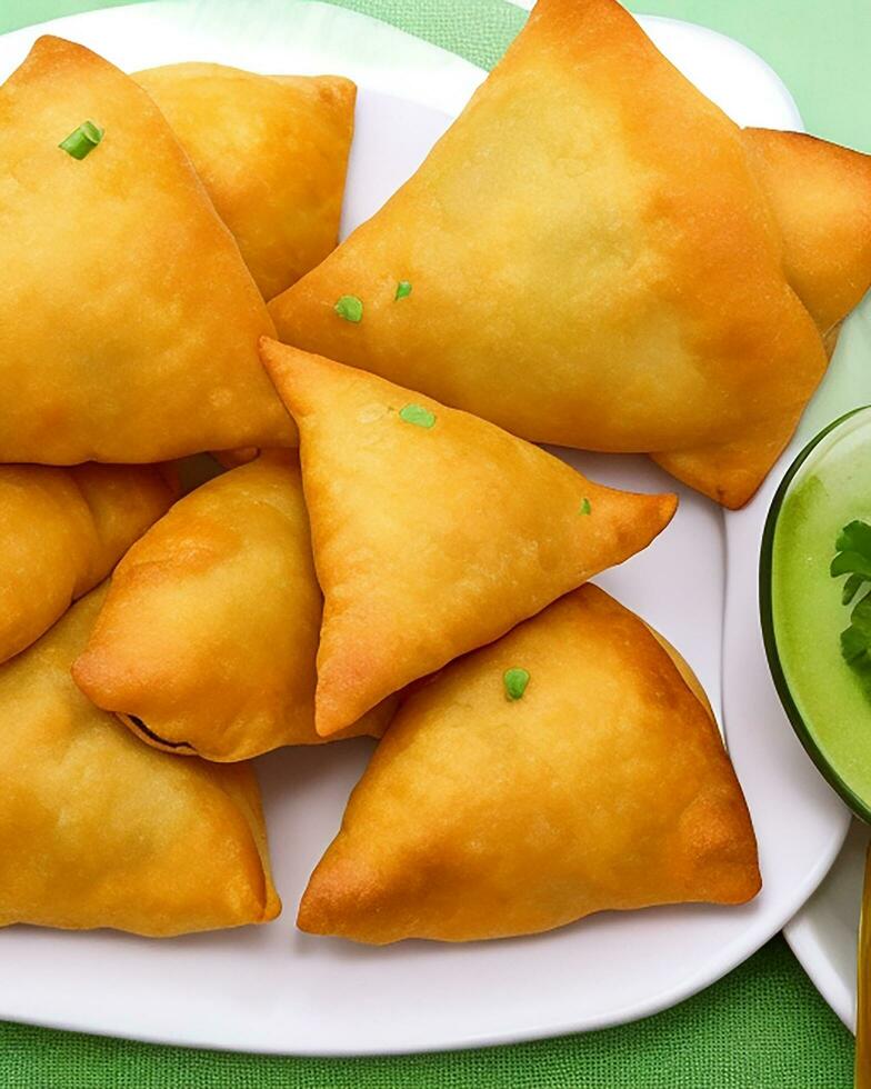 AI Generated Delicious Chicken Samosa with Green Chilli Sos and Dry Chilli Sos free photo