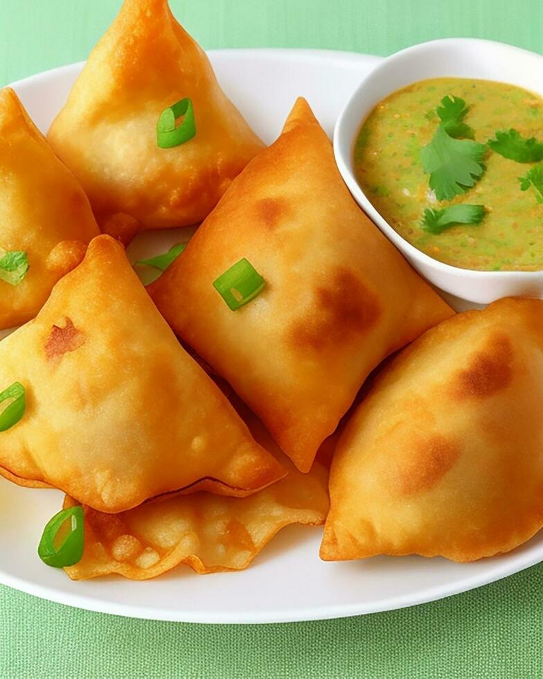 AI Generated Delicious Chicken Samosa with Green Chilli Sos and Dry Chilli Sos free photo