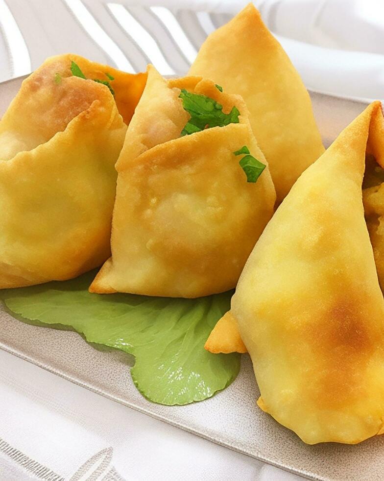 AI Generated Delicious Chicken Samosa with Green Chilli Sos and Dry Chilli Sos free photo