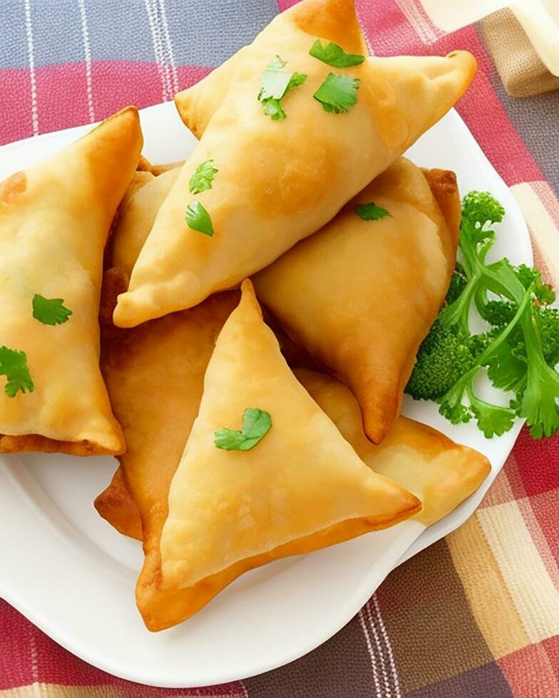 AI Generated Delicious Chicken Samosa with Green Chilli Sos and Dry Chilli Sos free photo