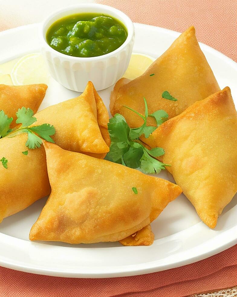 AI Generated Delicious Chicken Samosa with Green Chilli Sos and Dry Chilli Sos free photo