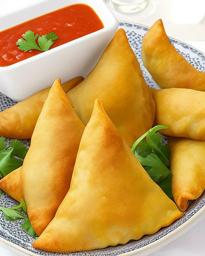 AI Generated Delicious Chicken Samosa with Green Chilli Sos and Dry Chilli Sos free photo