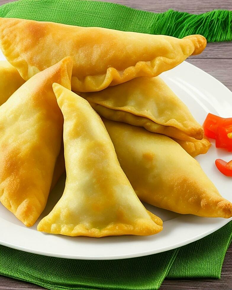 AI Generated Delicious Chicken Samosa with Green Chilli Sos and Dry Chilli Sos free photo