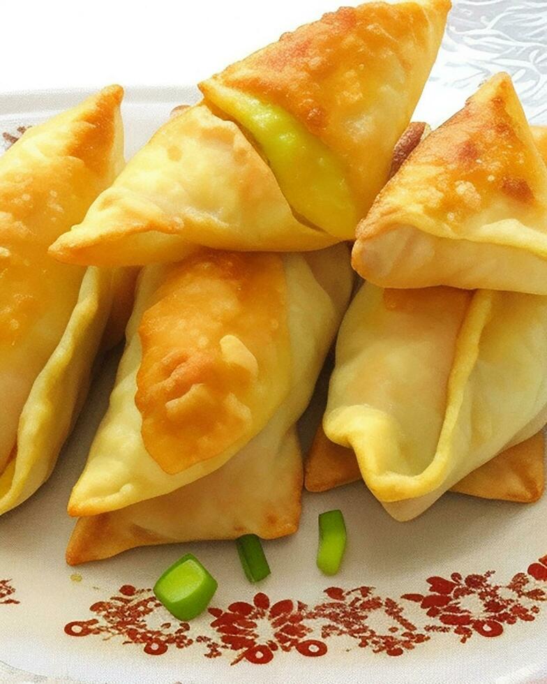 AI Generated Delicious Chicken Samosa with Green Chilli Sos and Dry Chilli Sos free photo