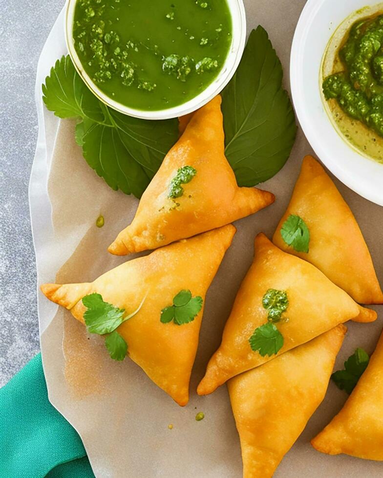 AI Generated Delicious Chicken Samosa with Green Chilli Sos and Dry Chilli Sos free photo