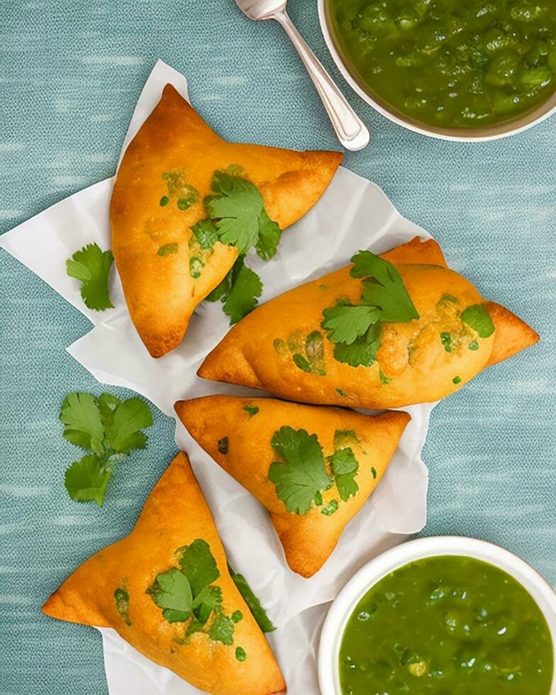 AI Generated Delicious Chicken Samosa with Green Chilli Sos and Dry Chilli Sos free photo