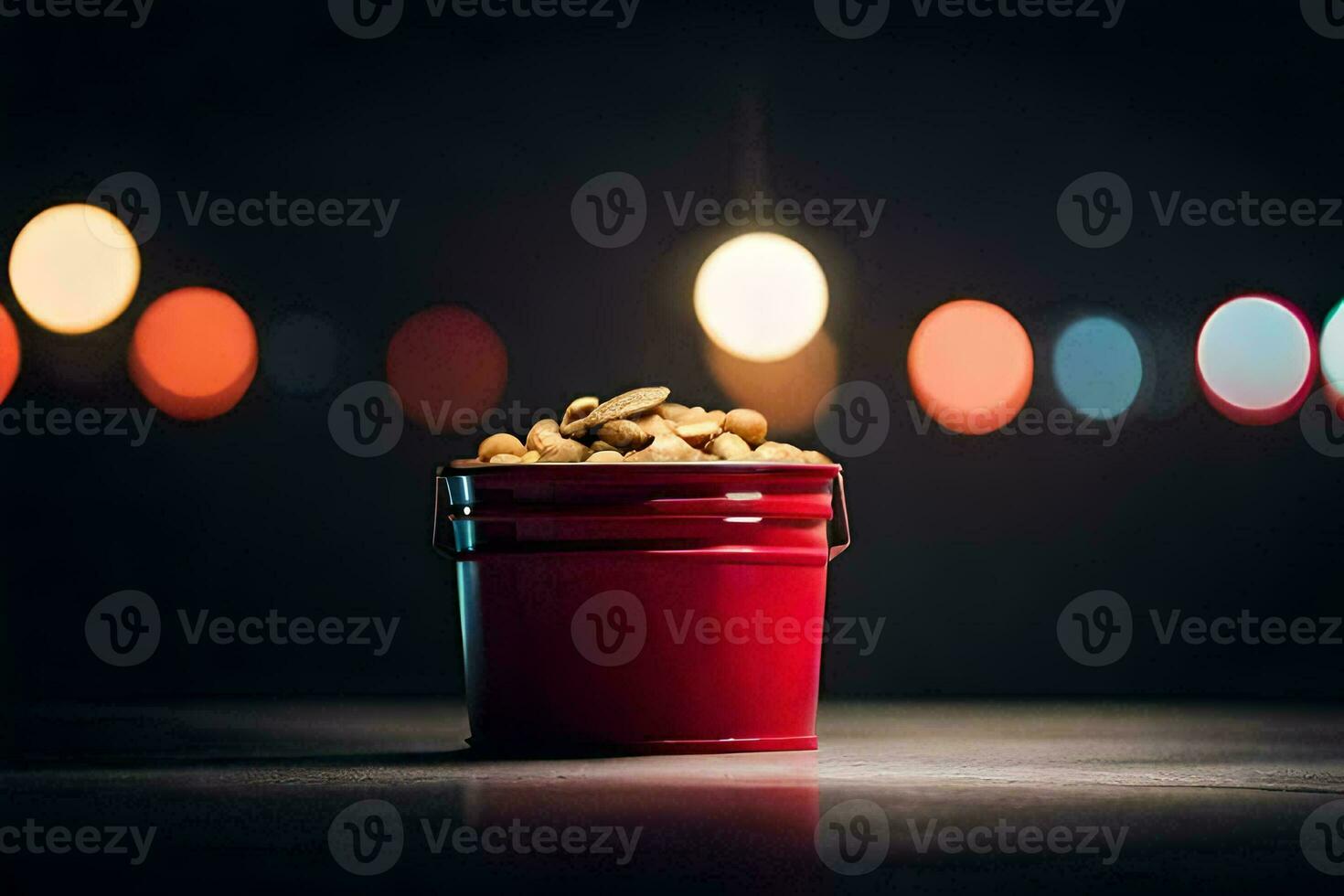 a red bucket filled with peanuts on a table. AI-Generated photo