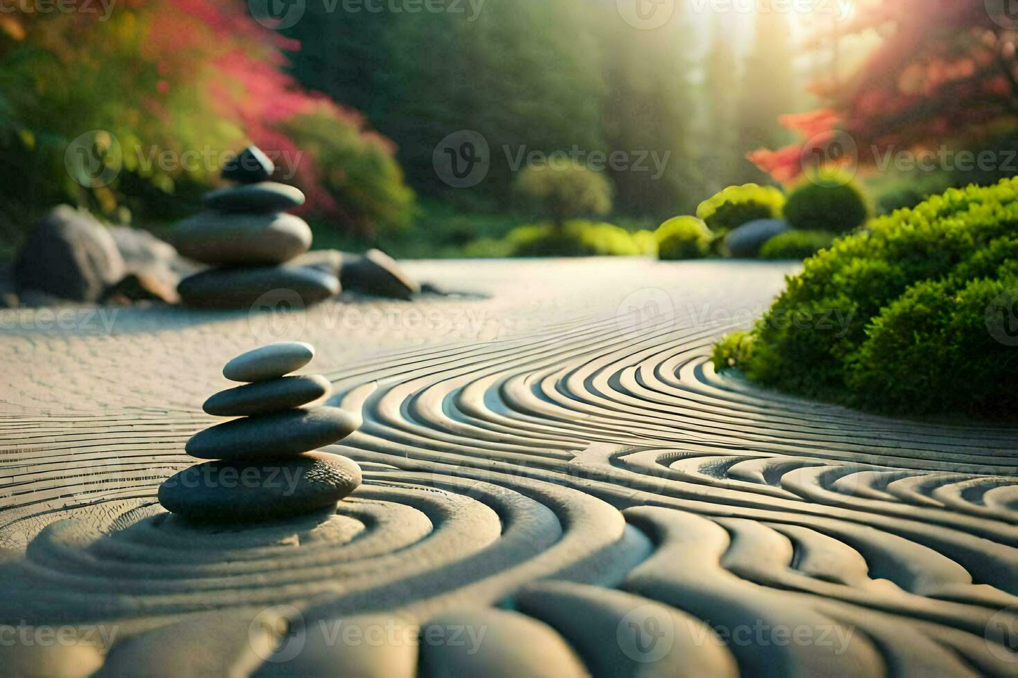 un zen jardín con rocas y arboles generado por ai foto