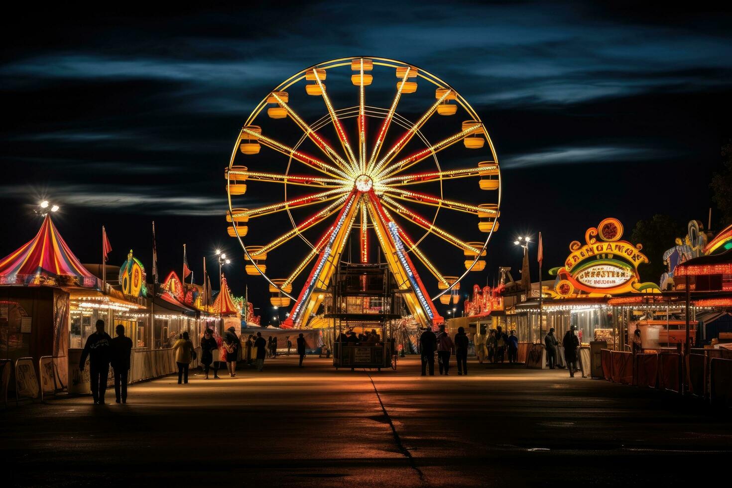 diversión parque a noche con vistoso ferris rueda y gente, estado justa carnaval a mitad de camino juegos paseos ferris rueda, ai generado foto