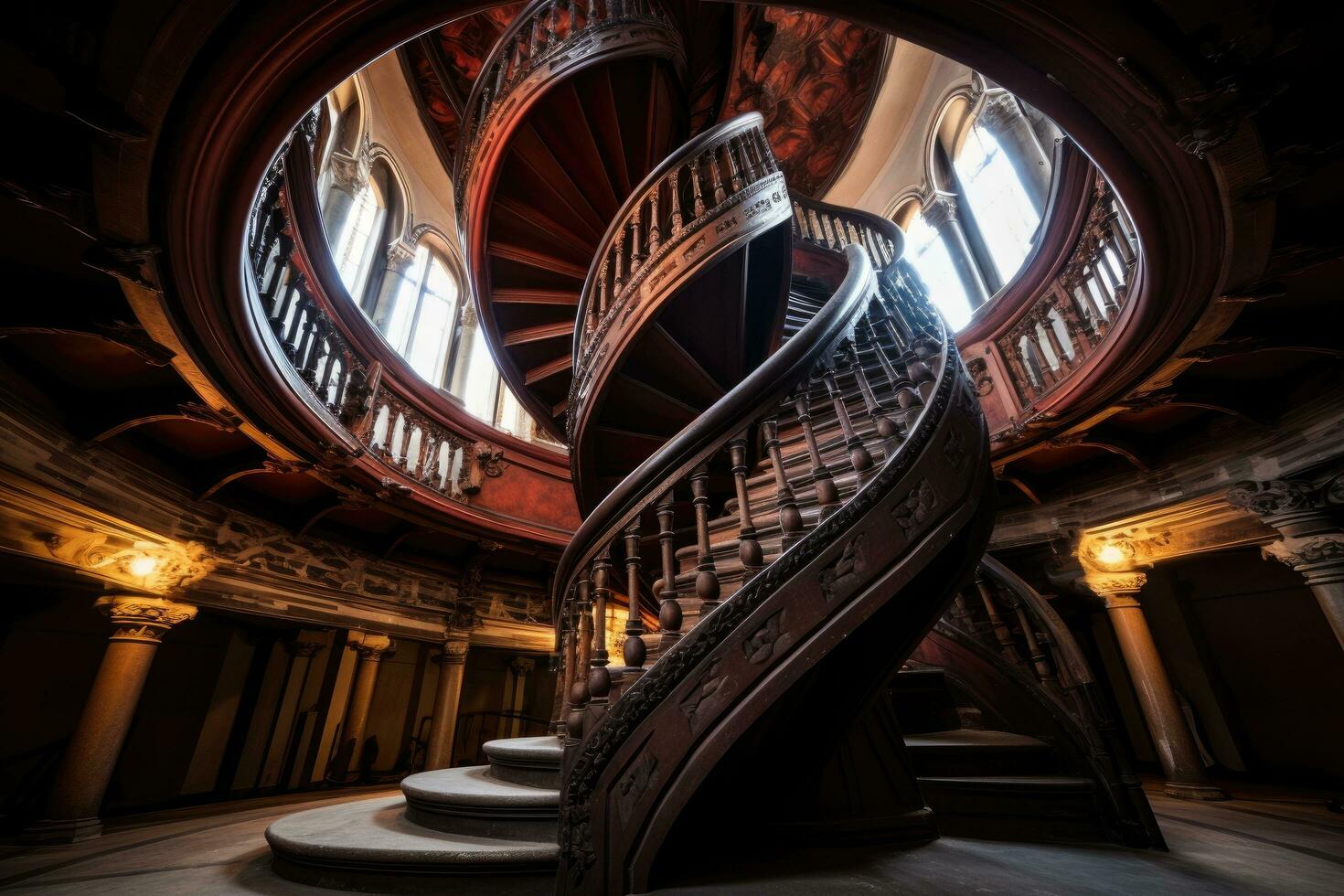 escalera en S t. patrick's catedral, Dublín, Irlanda, espiral escalera en el iglesia. circular escalera desde arriba. arquitectura concepto, ai generado foto