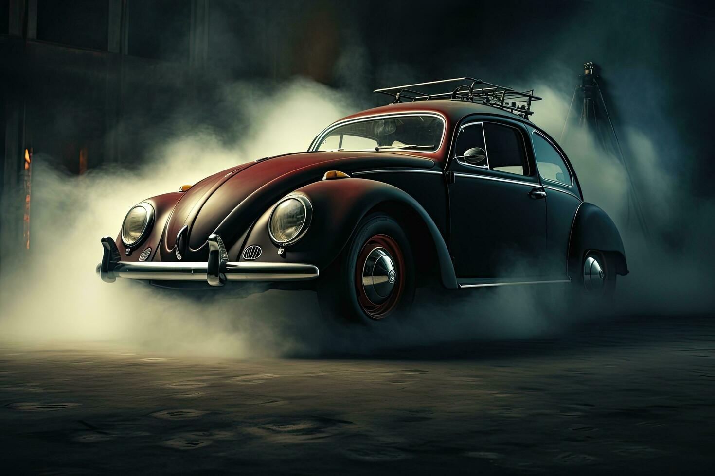 Vintage car in smoke. 3d rendering. toned image, Steam cleaning of car air system, AI Generated photo