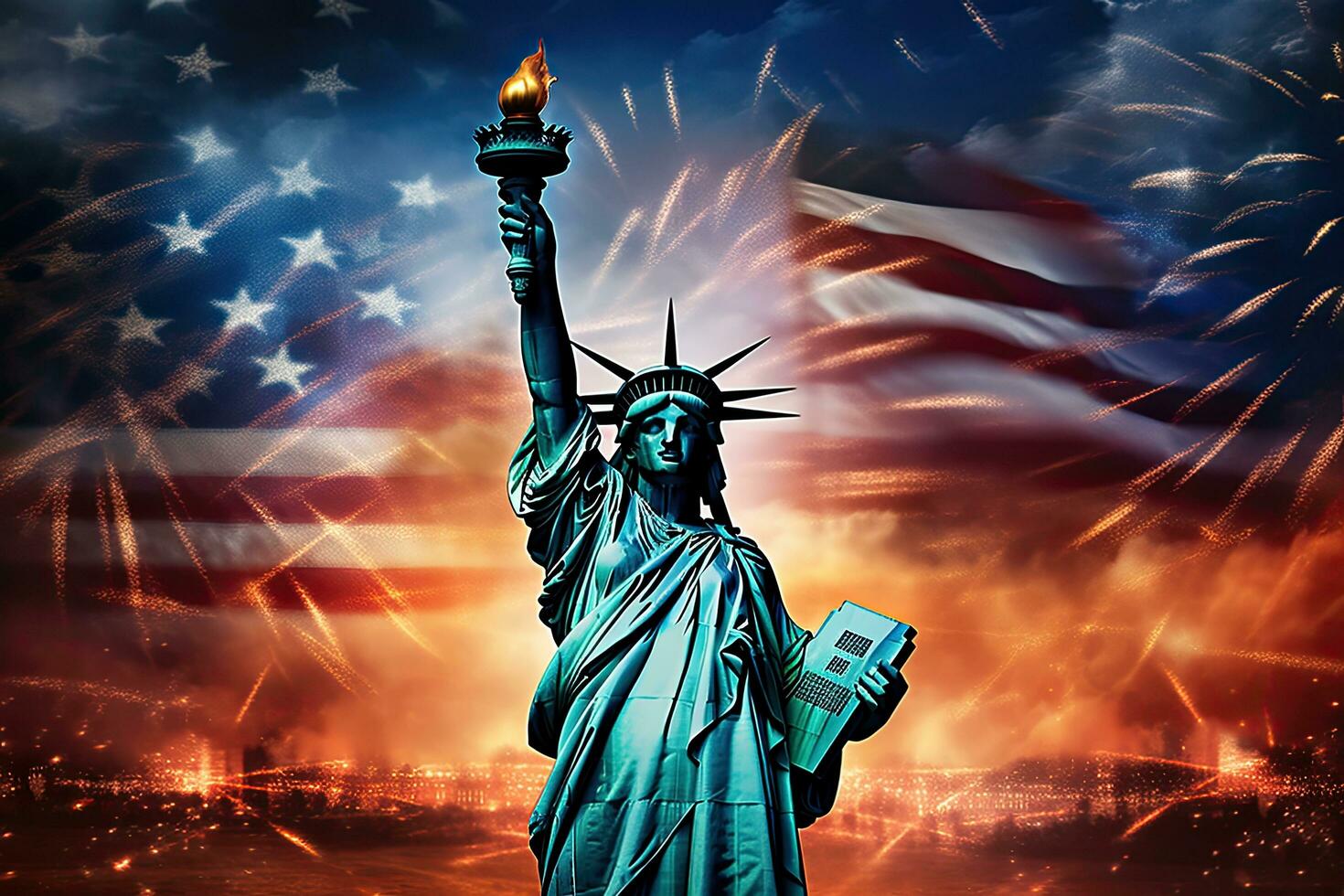 Statue of Liberty with USA flag and fireworks, New York City, Statue of Liberty with USA flag and fireworks. American Independence Day, AI Generated photo