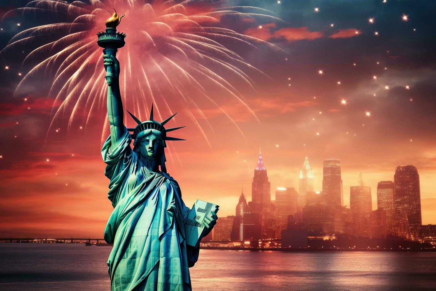 Statue of Liberty and New York City skyline at sunset, USA, Statue of Liberty and fireworks on the background of the American flag, AI Generated photo