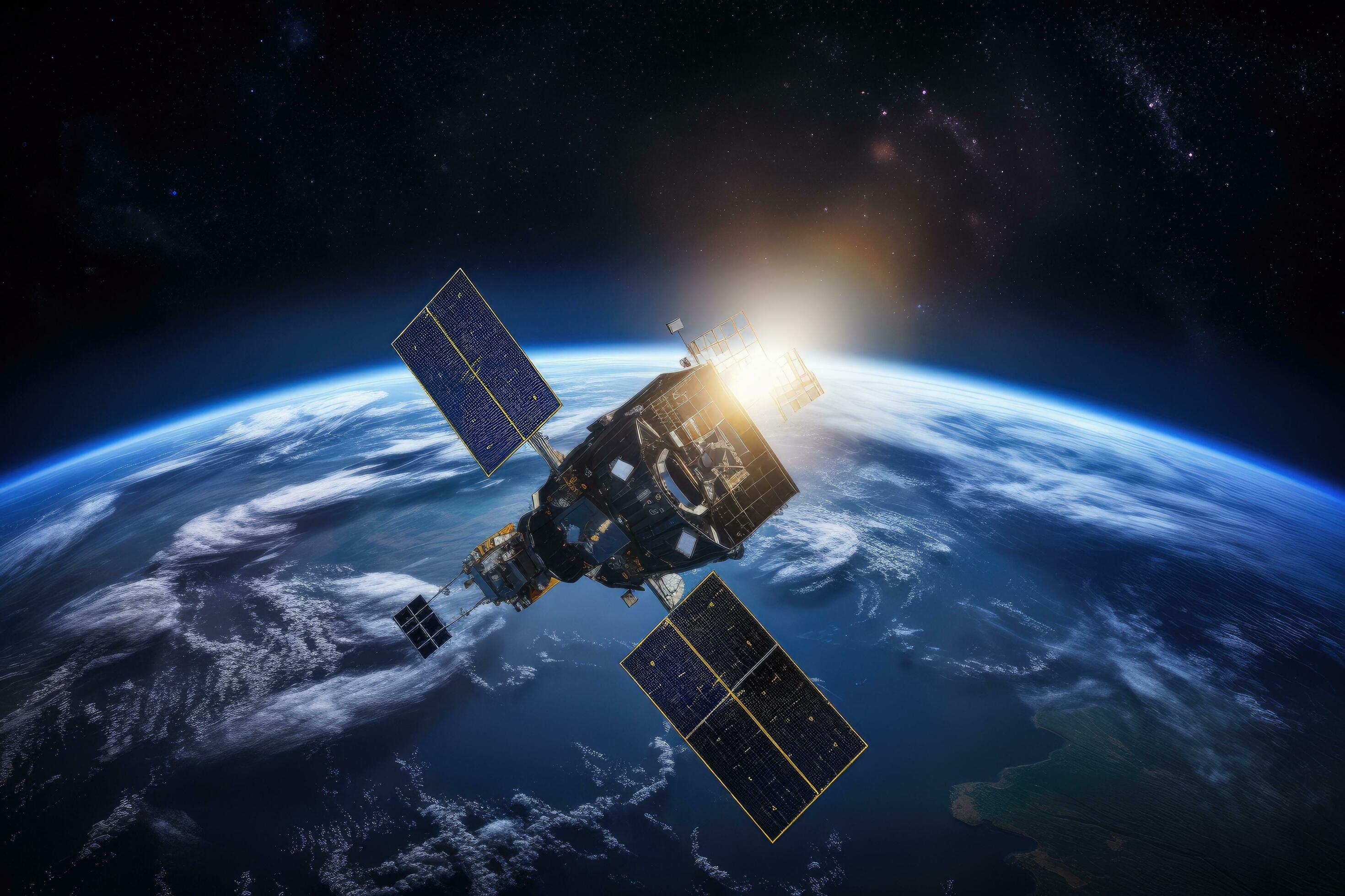 Satellite orbiting the planet Earth. Elements of this image furnished by  NASA, Step into a creative corner with books, a sketch-filled diary,  colorful sticky notes, and, AI Generated 34496234 Stock Photo at