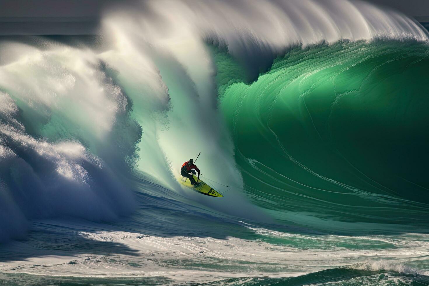 Surfer in ocean wave. Surfer on blue ocean wave, storm rider Haifa, windsurfer making extreme tricks on huge waves, AI Generated photo