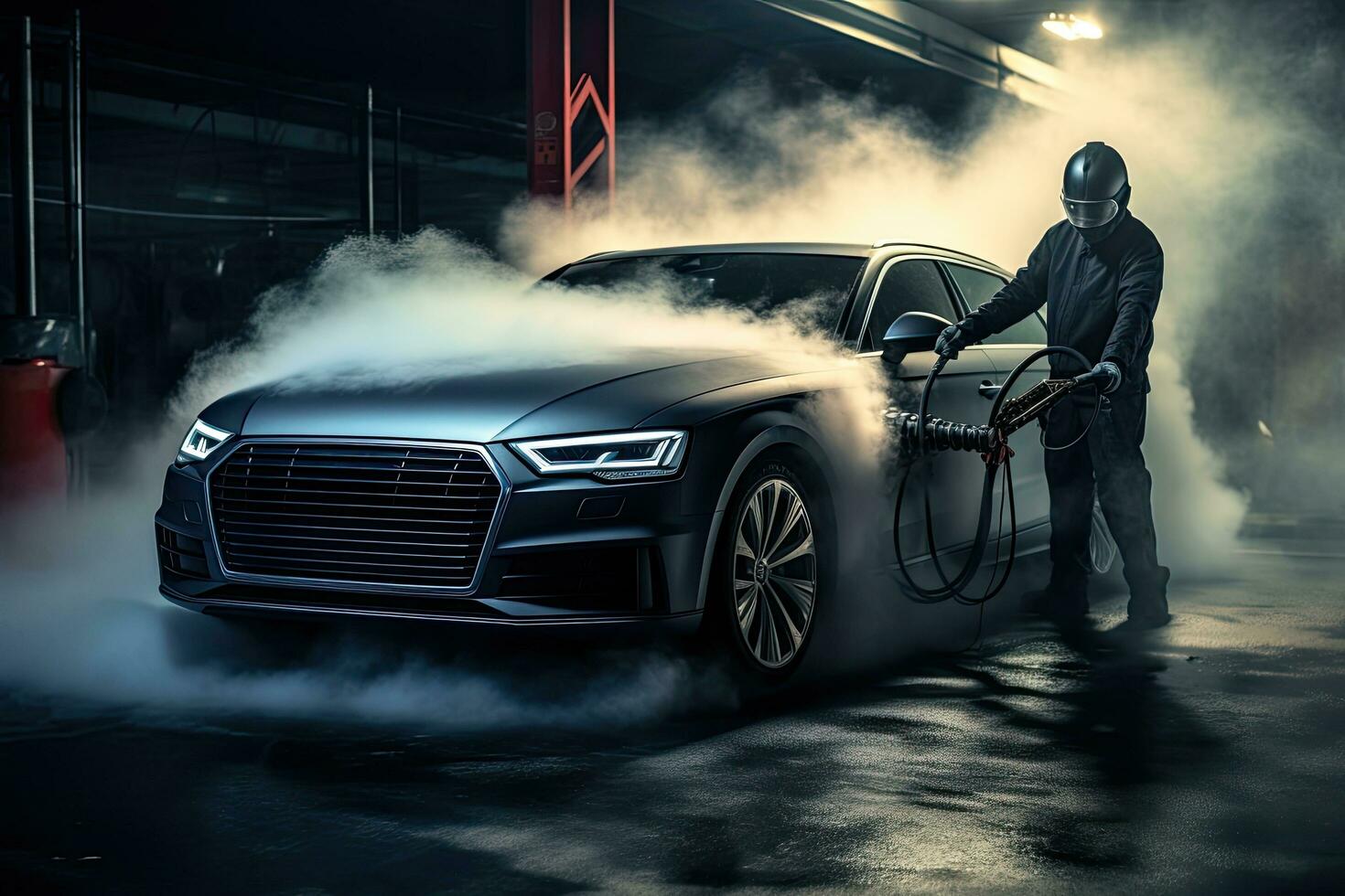 Car wash. A man in a gas mask washes a black car, Steam cleaning of car air system, AI Generated photo