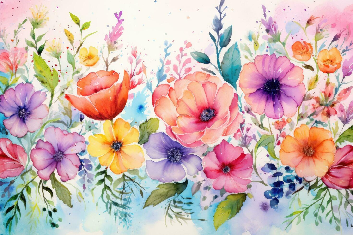Watercolor floral background with flowers. Hand drawn watercolor illustration, Spring floral in watercolor background, AI Generated photo