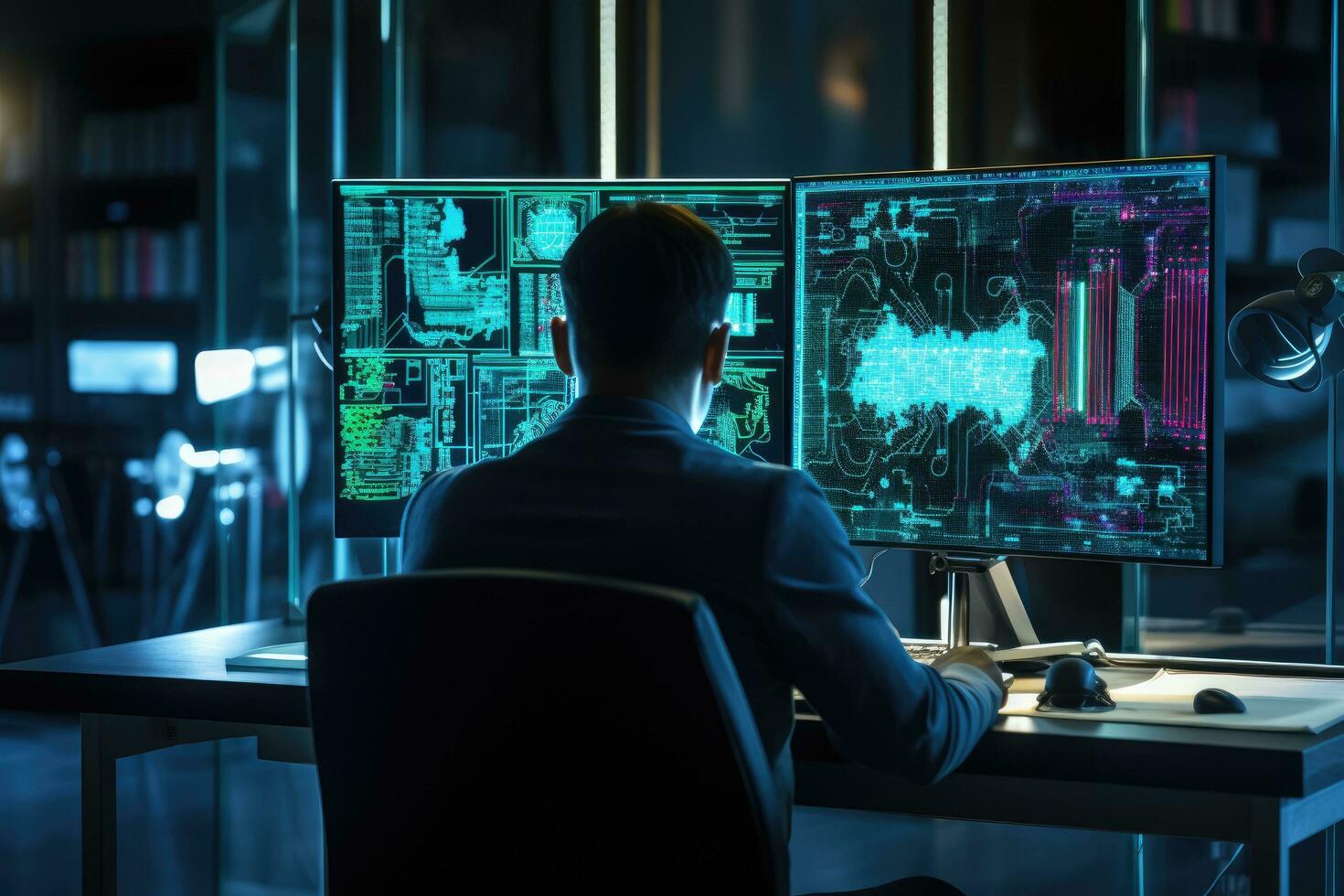 Back view of businessman working on desktop computer at night in dark office, Software engineer utilizing a computer in a modern data communication room, network connection lines, AI Generated photo