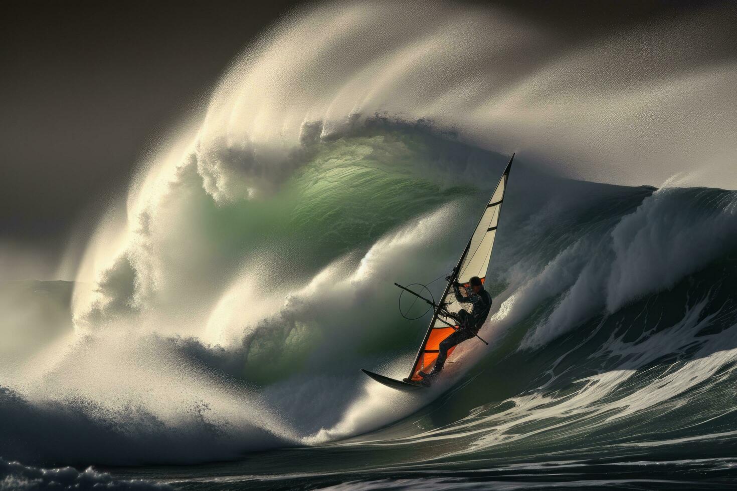 Surfer in ocean wave. 3D Rendering and illustration, storm rider Haifa, windsurfer making extreme tricks on huge waves, AI Generated photo