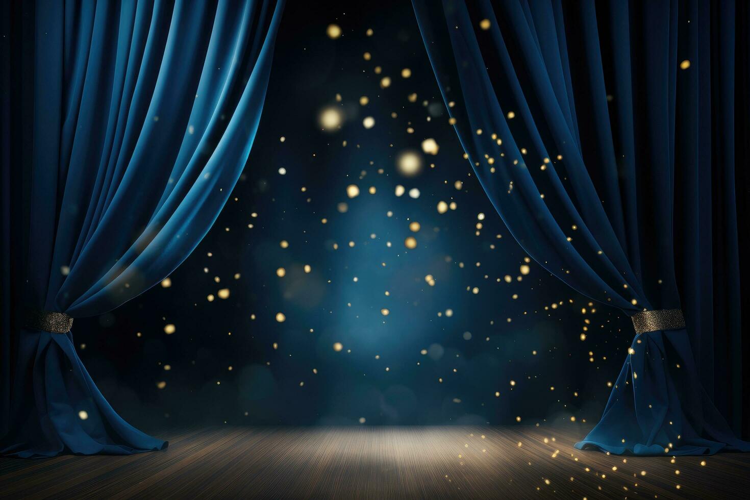 Dark stage with blue curtains and spotlights, 3d render illustration, Spotlight on blue curtain background and falling golden confetti, AI Generated photo