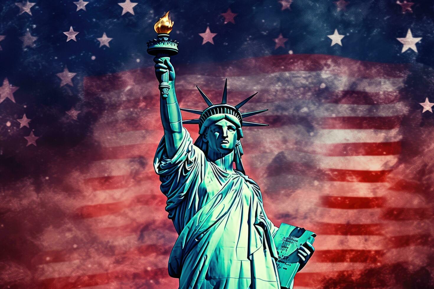 Statue of Liberty on the background of the American flag. 3D illustration, Statue of Liberty with USA flag and fireworks. American Independence Day, AI Generated photo