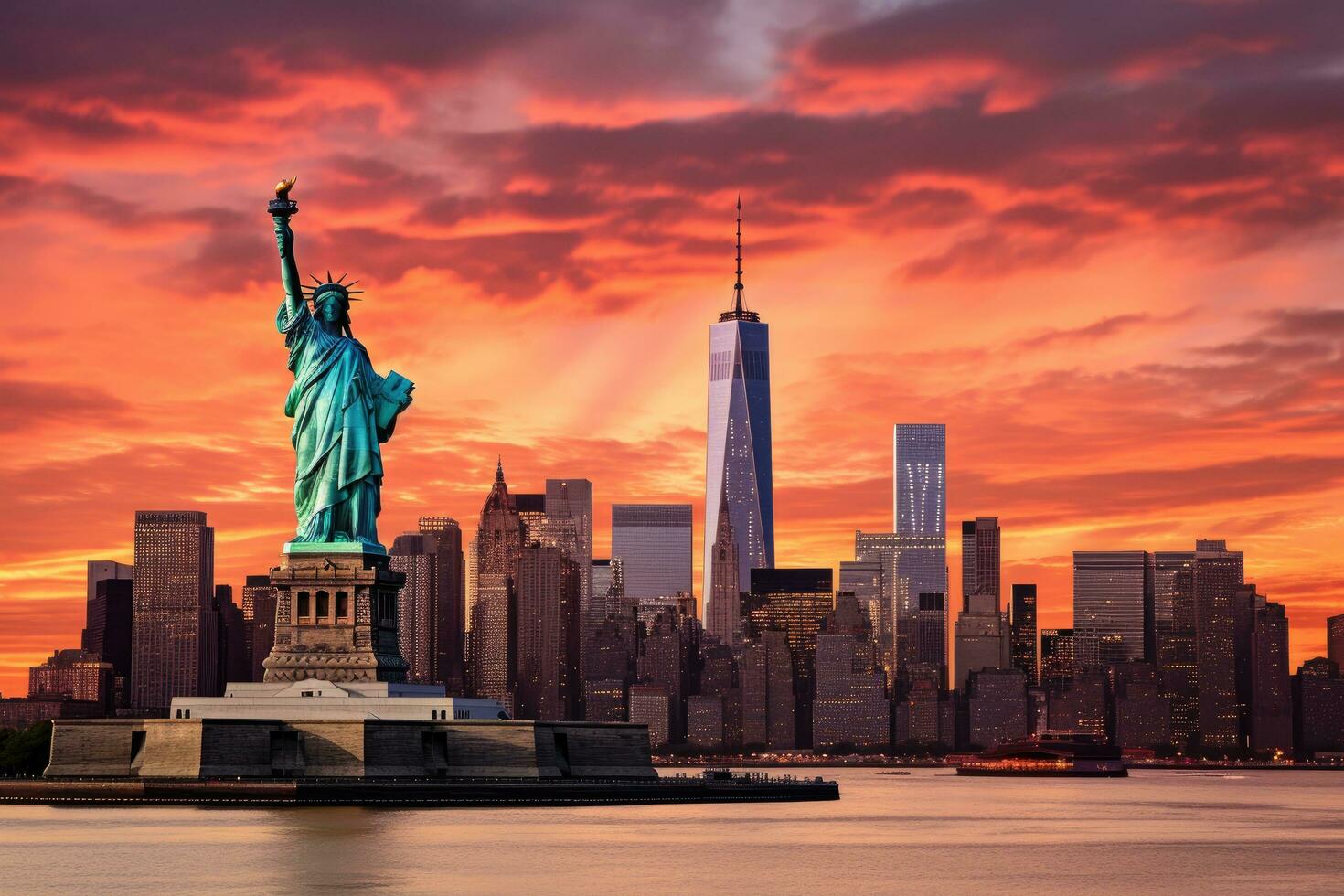 nuevo York ciudad Manhattan horizonte panorama a puesta de sol con estatua de libertad, estatua libertad y nuevo York ciudad horizonte a atardecer, ai generado foto
