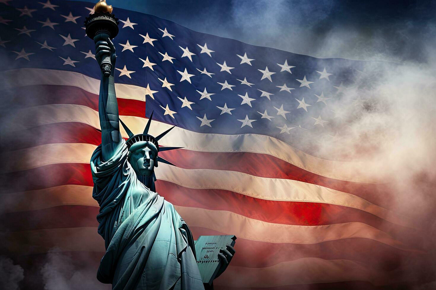 Statue of Liberty and American Flag in the smoke. 3d illustration, Statue of Liberty and fireworks on the background of the American flag, AI Generated photo