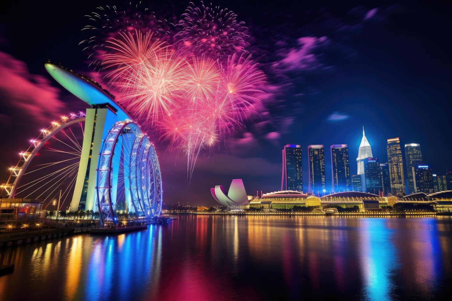 Fireworks at Marina Bay Sands in Singapore. Marina Bay Sands is an integrated resort and billed as the world's most expensive standalone casino property, Singapore, Night firework, AI Generated photo