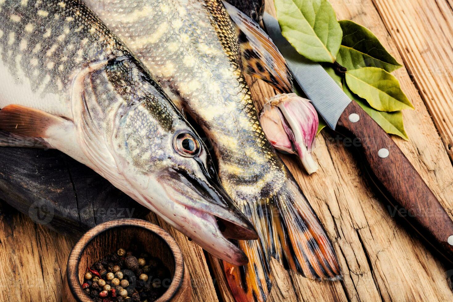 Fish pike on the kitchen board photo