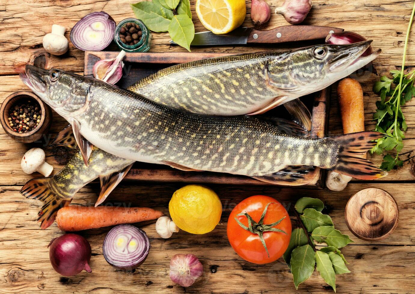 Fish pike on the kitchen board photo