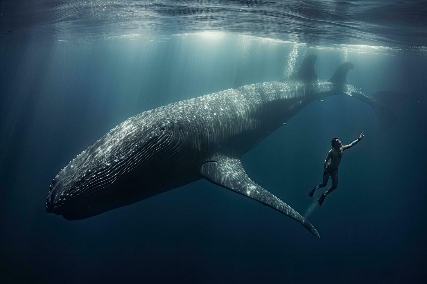 jorobado ballena nadando en profundo azul océano. submarino fotografía, esperma ballena siguiente a un apneista, ai generado foto