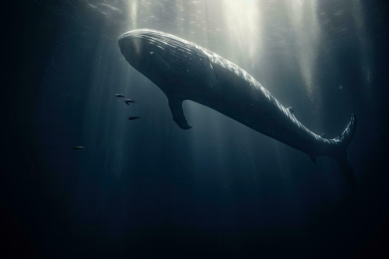 Whale swimming in the deep blue ocean with sun rays, underwater, Sperm whale next to a Freediver, AI Generated photo