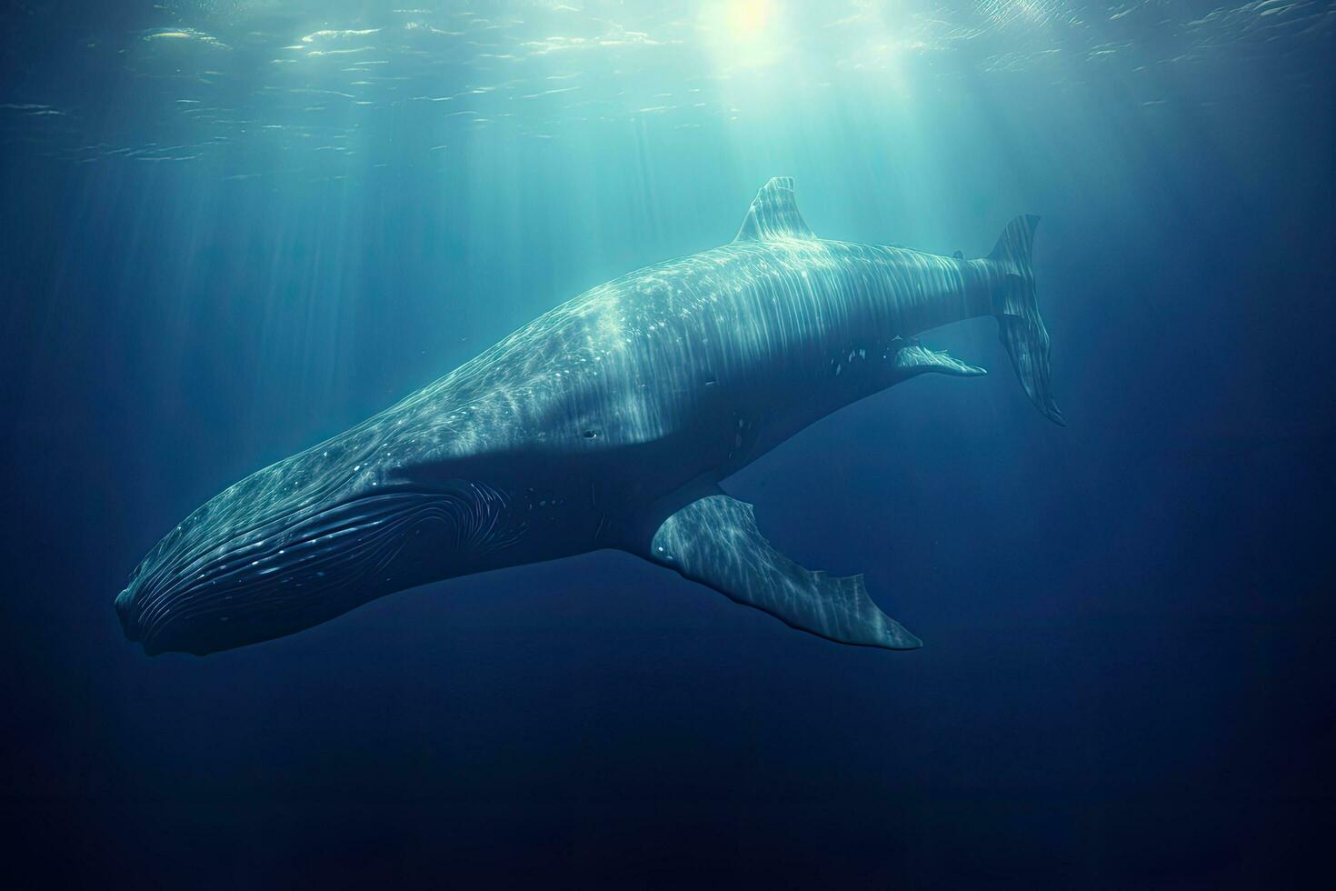 Humpback whale in the deep blue sea. 3d rendering, Sperm whale next to a Freediver, AI Generated photo