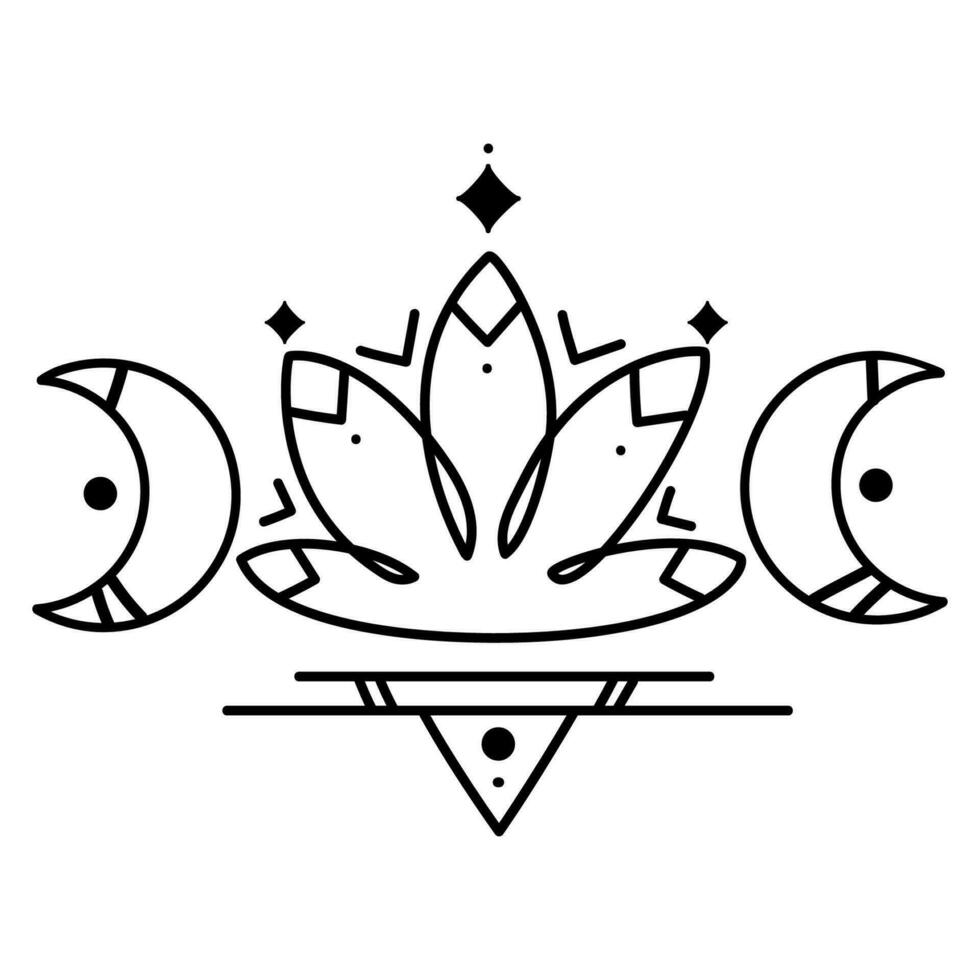 Triple moon with lotus flower magic symbol Line logo icon emblem design.Mystical occult sign with lotus with abstract geometric lines and shapes.Vector illustration vector