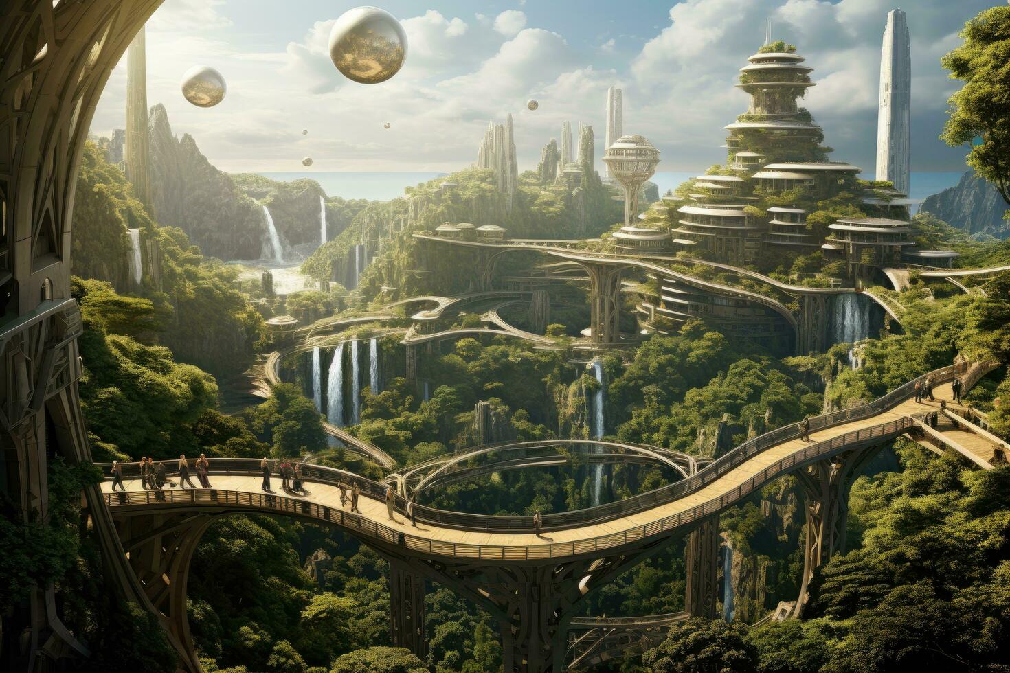 Futuristic city in the form of a panoramic landscape, Utopian civilisation, utopic city, future of humanity, architecture of tommorow, utopic world, AI Generated photo