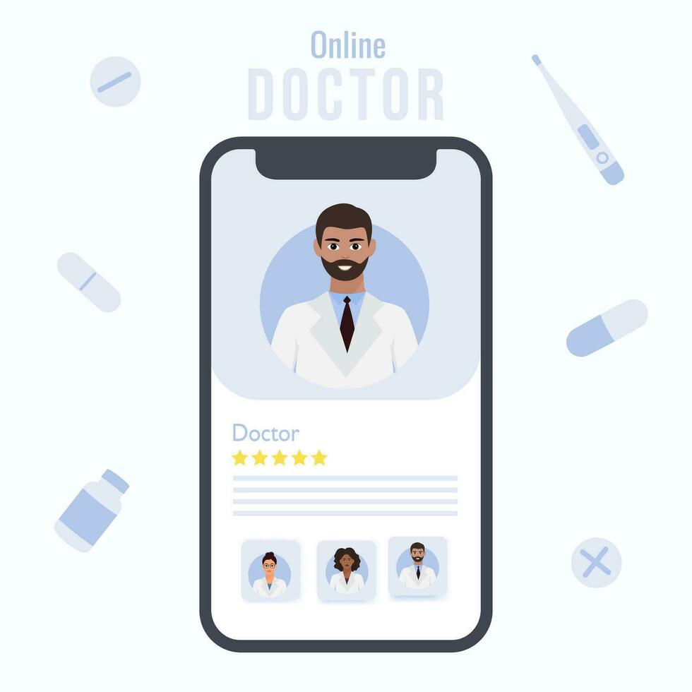 Mobile app with male dark skin doctor on the smartphone screen. Online consultation with a therapist banner concept vector