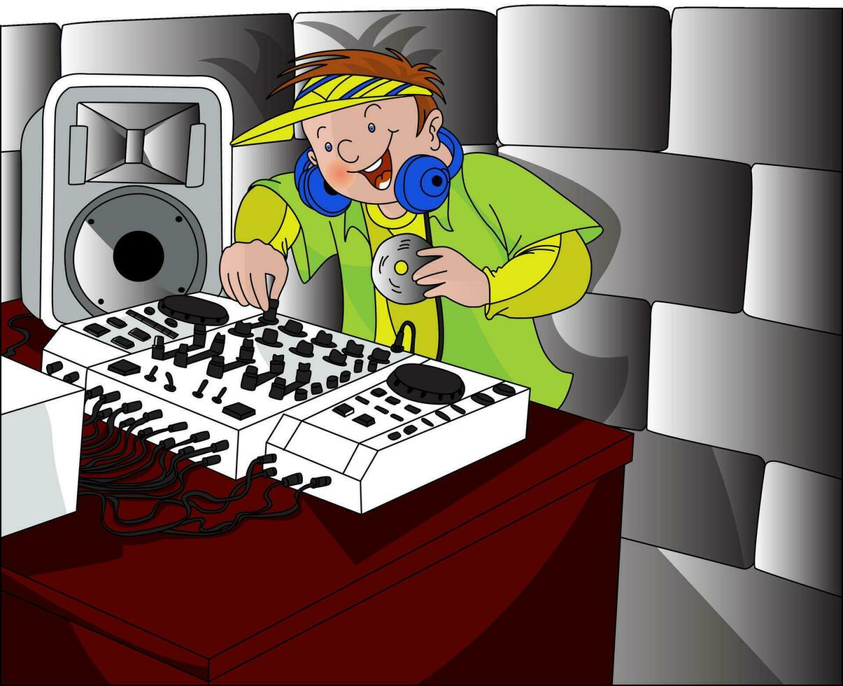 Vector of happy dj playing music.