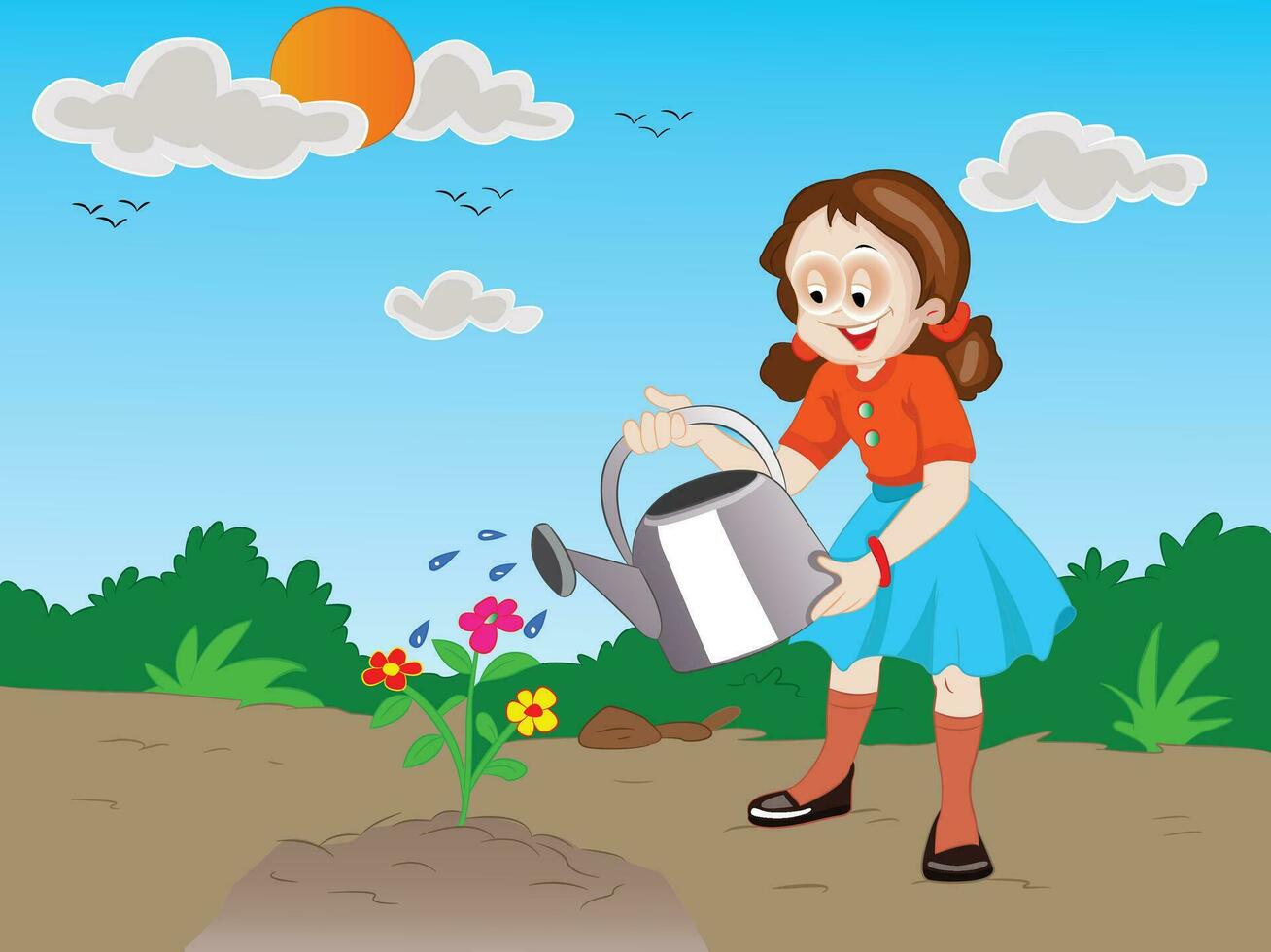 Girl Watering Flowers, illustration vector