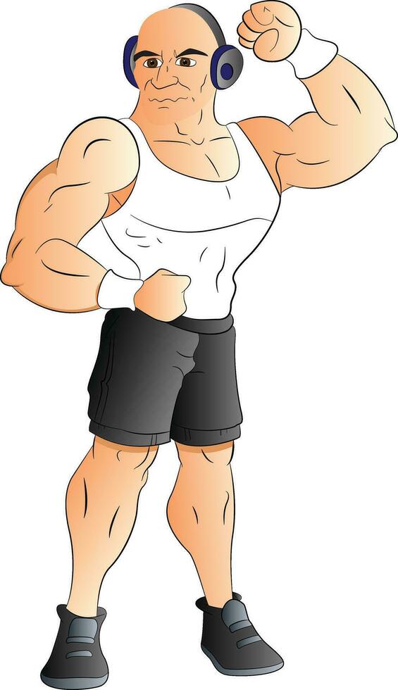 Vector of muscular man listening to music on headphones.