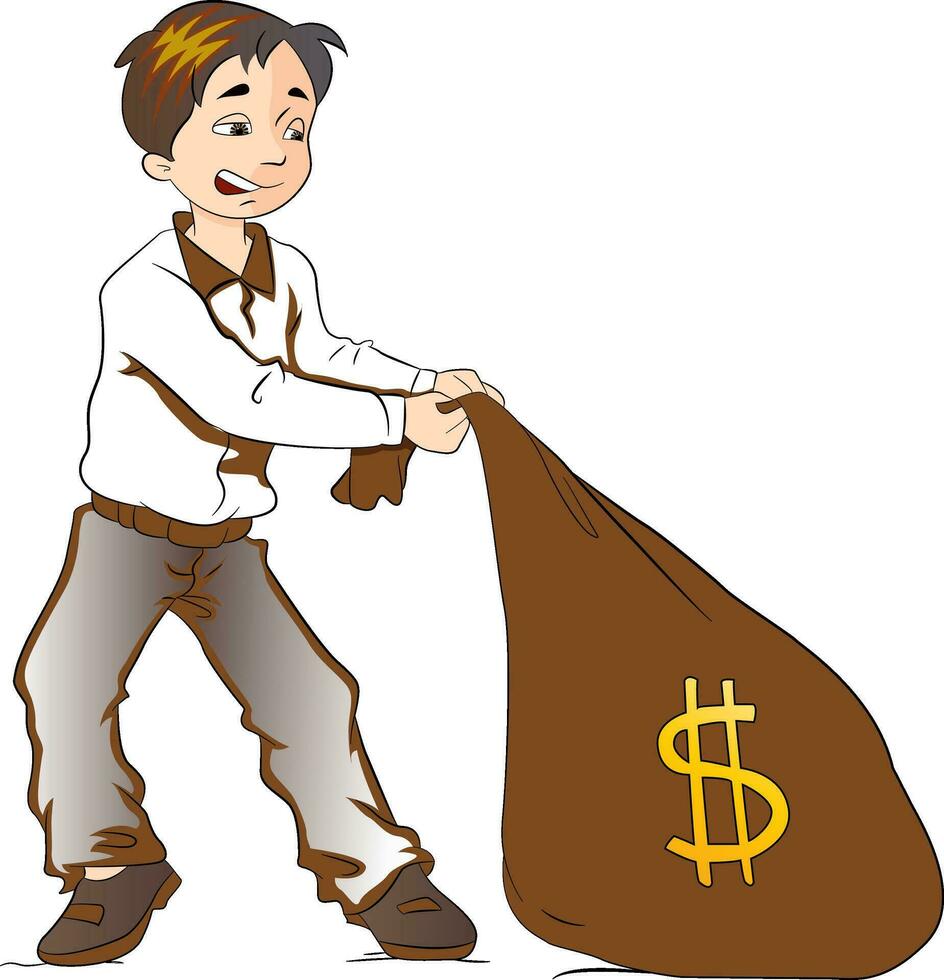 Boy Pulling a Sack of Money, illustration vector