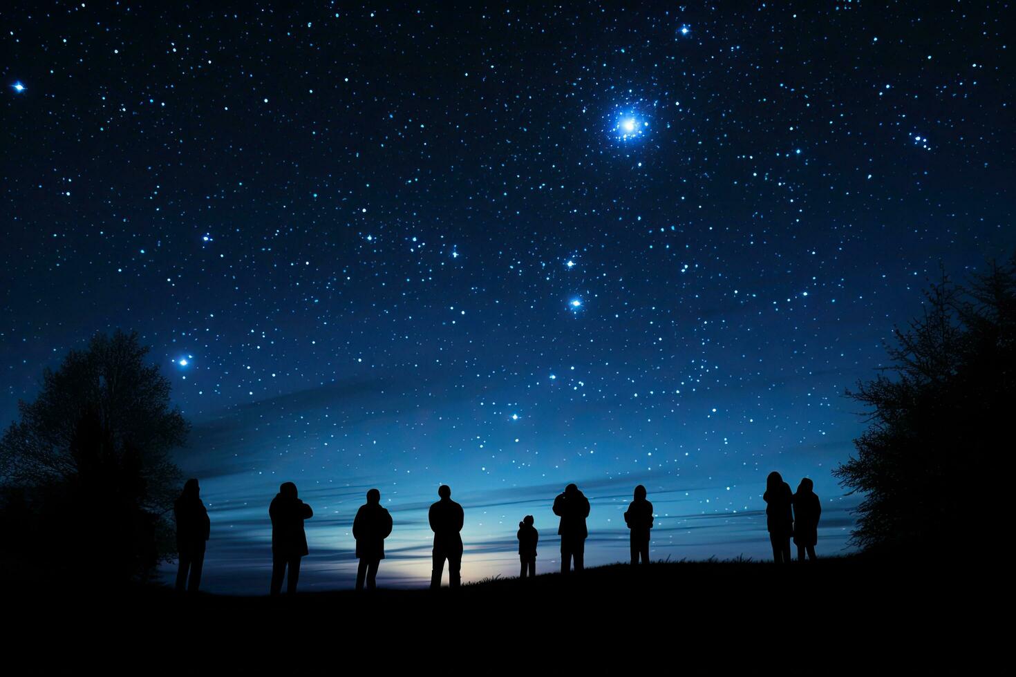 Silhouette of a group of people watching the starry sky, Silhouettes of people observing stars in night sky. Astronomy concept, AI Generated photo