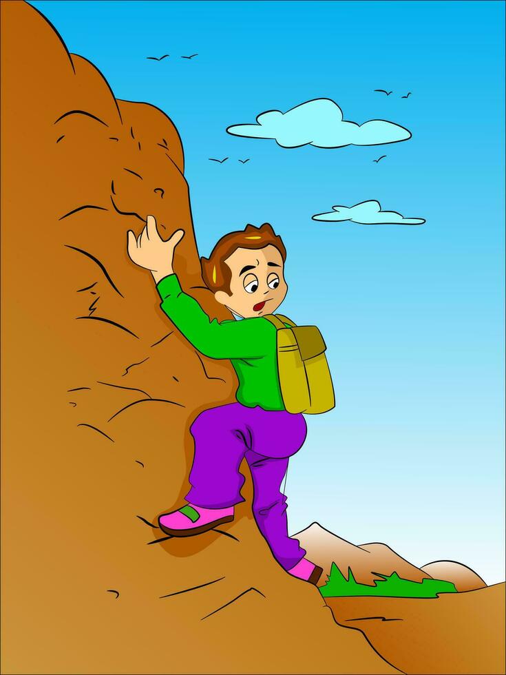 chico alpinismo un montaña, ilustración vector