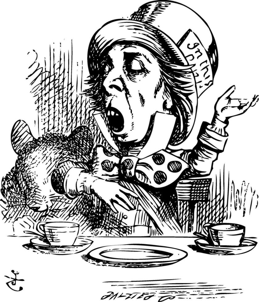 Hatter engaging in rhetoric, Alice in Wonderland original vintage engraving. vector