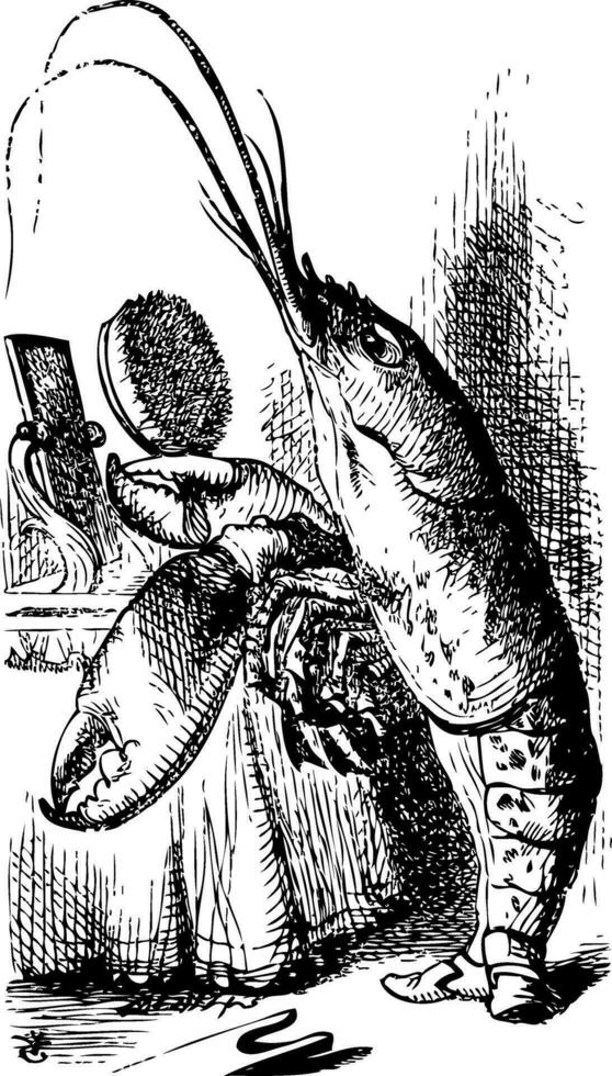 Lobster primping before a mirror - Alice's Adventures in Wonderland original vintage engraving. vector