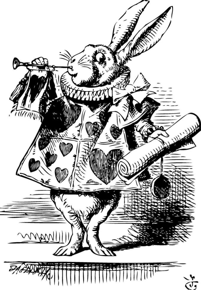 blanco conejo, vestido como un heraldo, soplo trompeta - alicia aventuras en mundo maravilloso original Clásico grabado vector