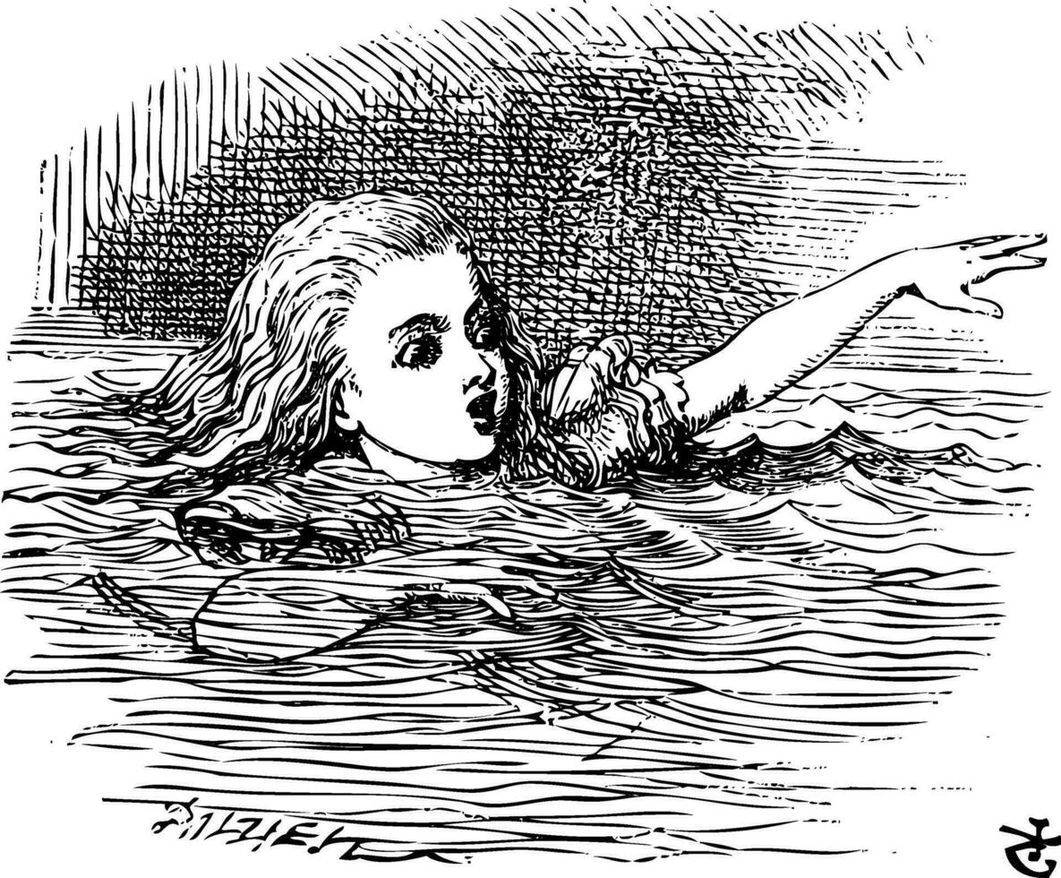Alice Swimming in her pool of giant tears, up to her chin in salt water. vector