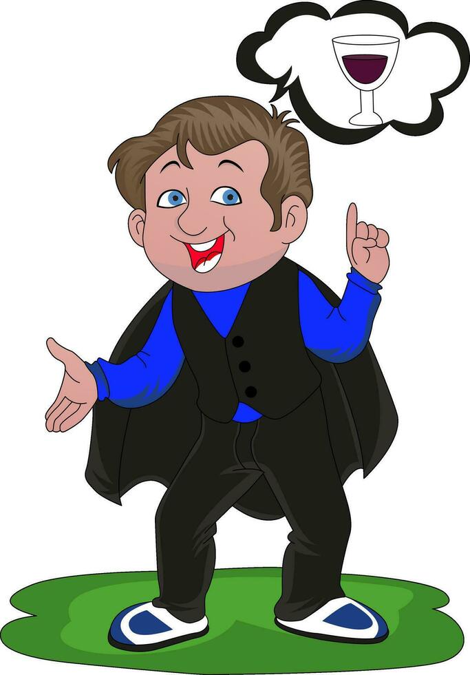 Vector of happy magician thinking of alcohol.