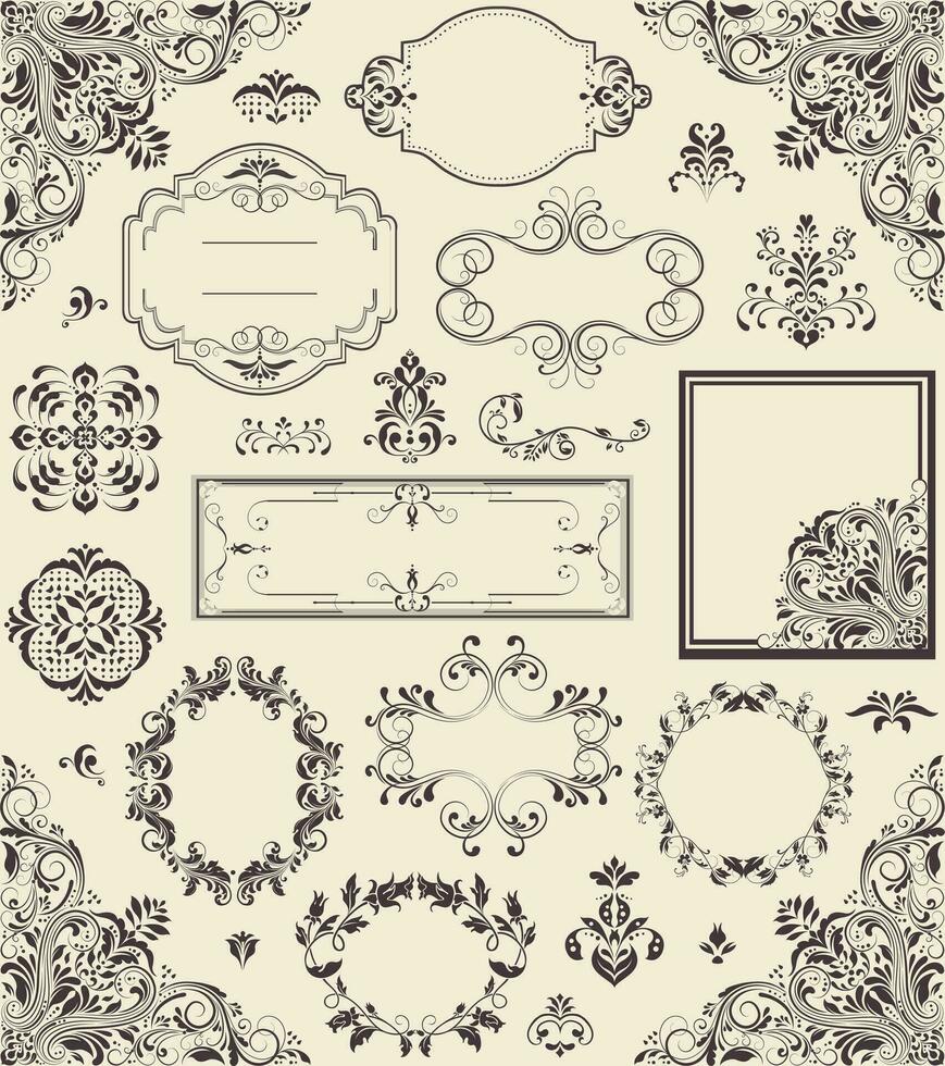 varios Clásico etiqueta y frontera elementos con florido elegante retro resumen floral diseño vector